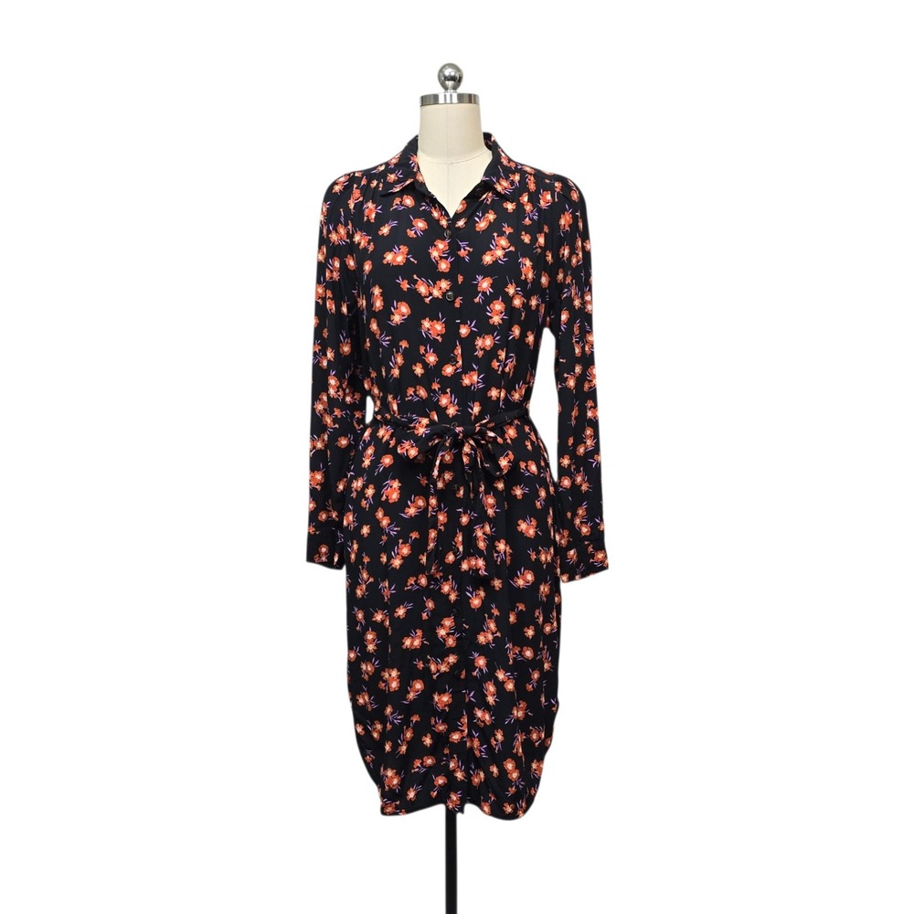 Ann Taylor Black Orange Floral Viscose Button Front Midi Shirt Dress Womens‎ Med